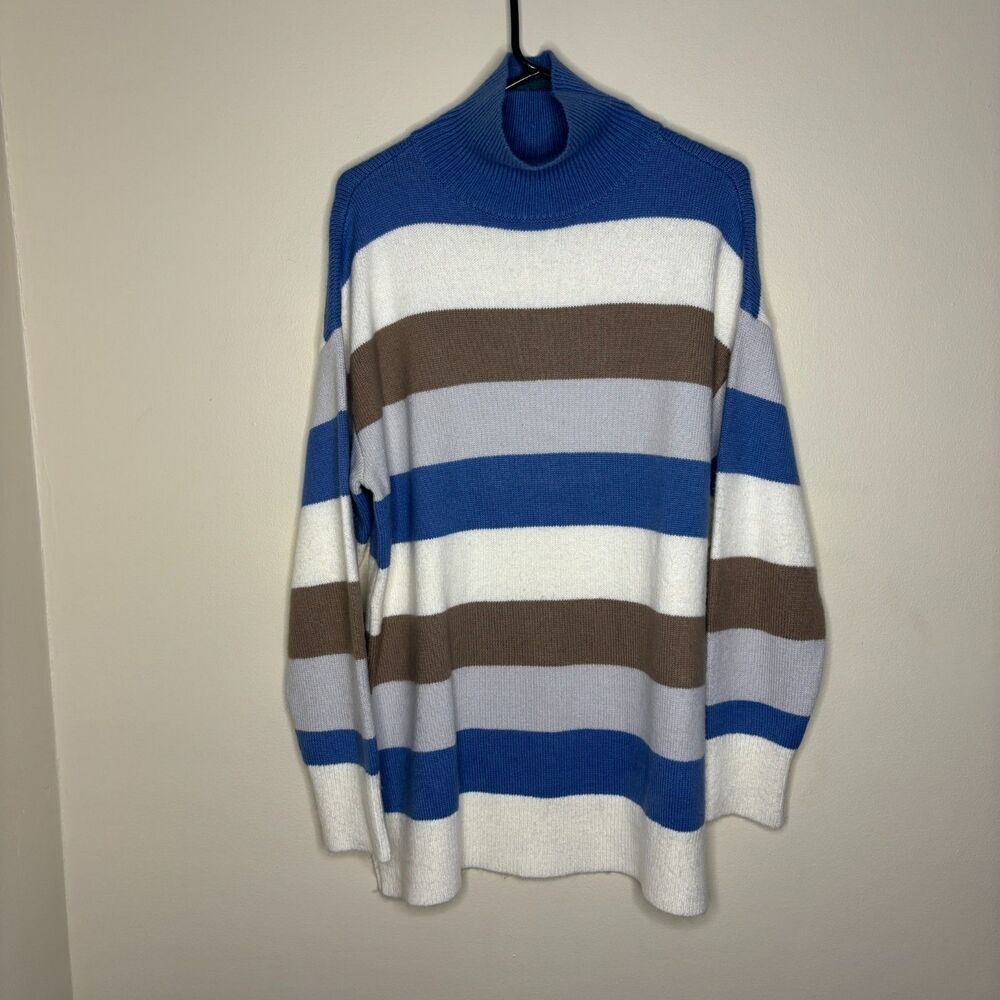 Ann Taylor Striped Turtleneck Tunic Sweater in Cool Azul size large